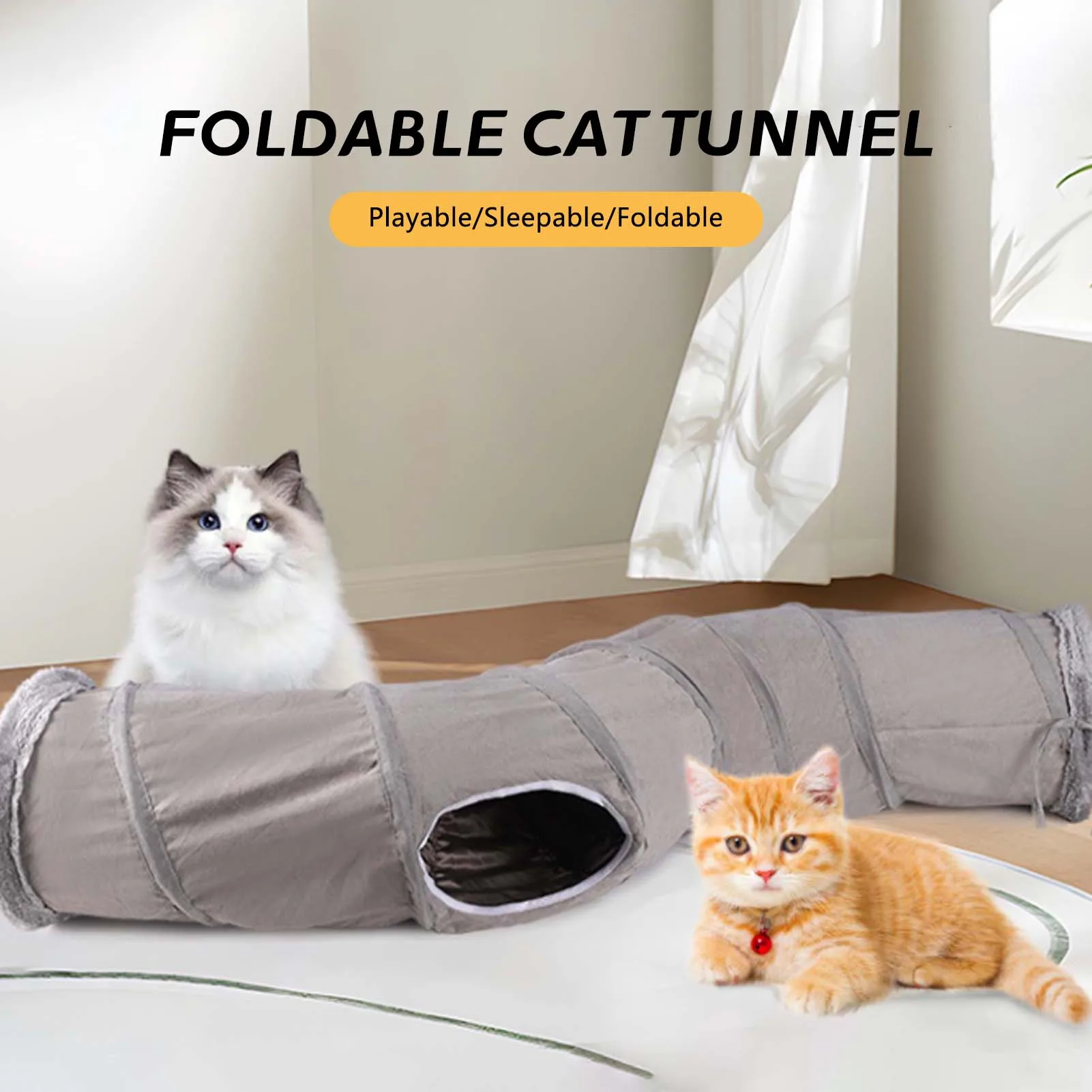 Large Cat Tunnel for Indoor Cats Foldable Fluffy Plush Cat Toys Suede Fabric 3 Ways S Shape Cat Tunnel Pet Interactive Toy