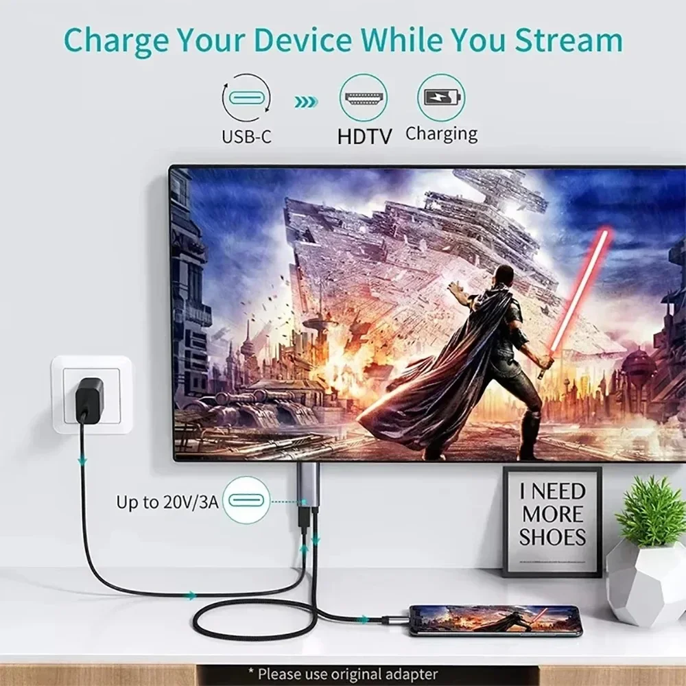 KEBIDUMEI Type C to HDMI-compatible Cable USB C to HDMI Converter 4K 60Hz/30Hz USB HDTV Cable Adapter PD 65W Charger for PC TV view 2
