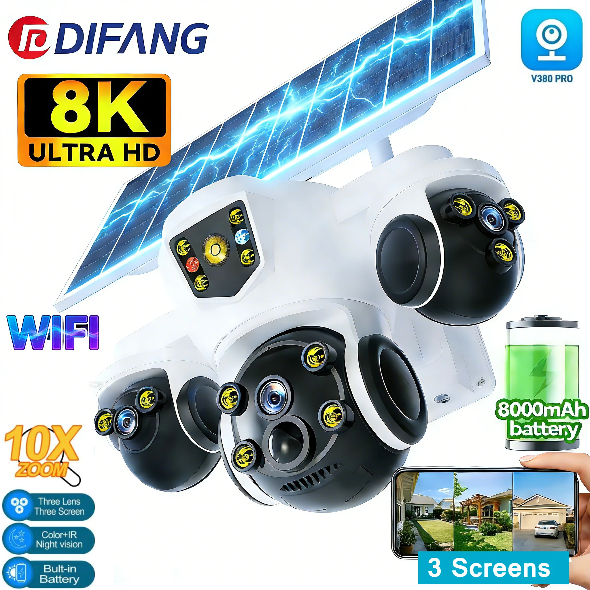 

V380 Pro 15MP Wireless WiFi Solar Camera 3-Screens 10X Zoom PTZ Security Cameras CCTV Camera Outdoor 8K Solar IP Cam