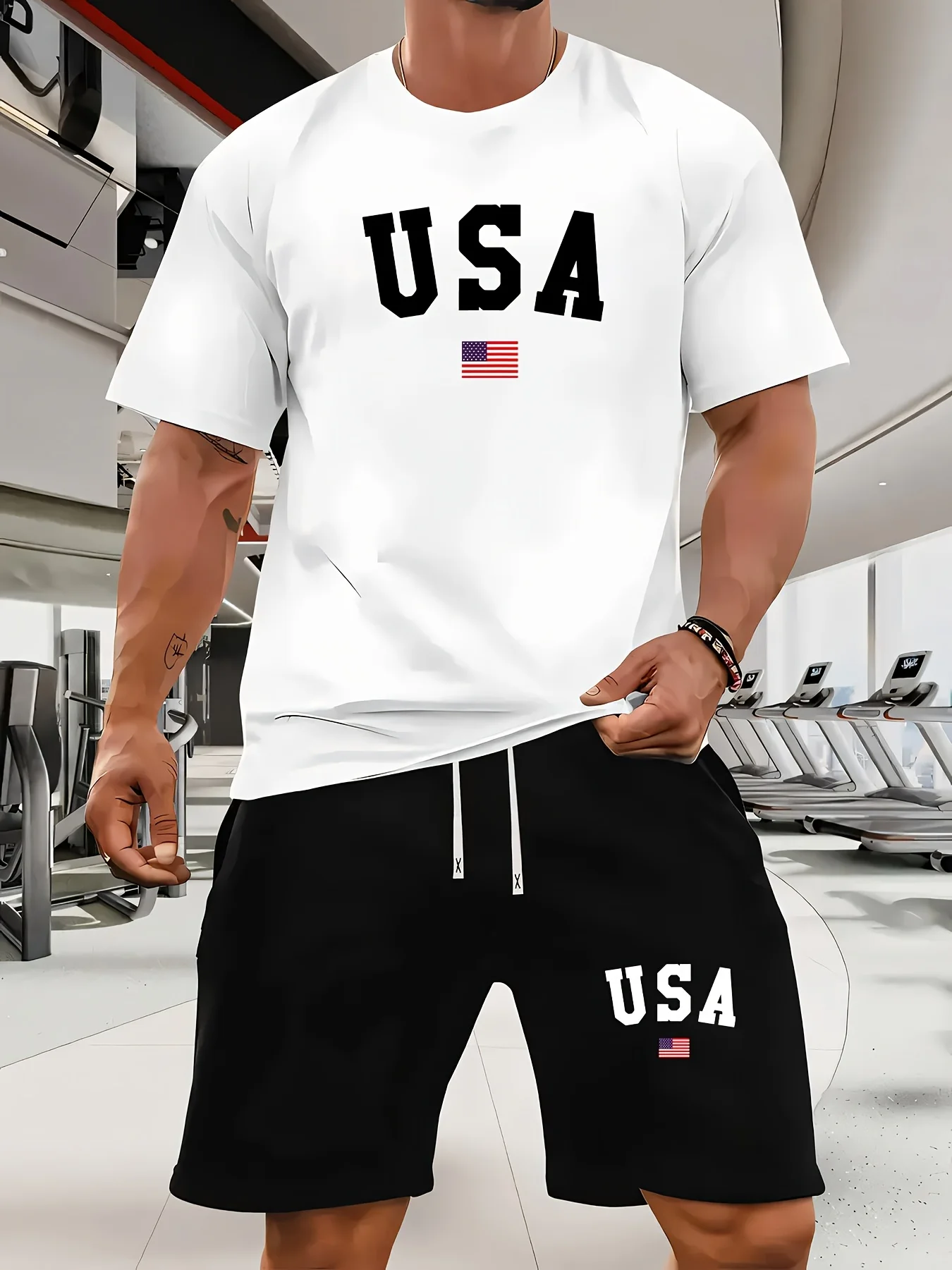 Fashion American Flag Graphic Print T-shirt Shorts 2-piece Set Casual Men's USA Printed Drawstring Shorts Short Sleeve T-shirts