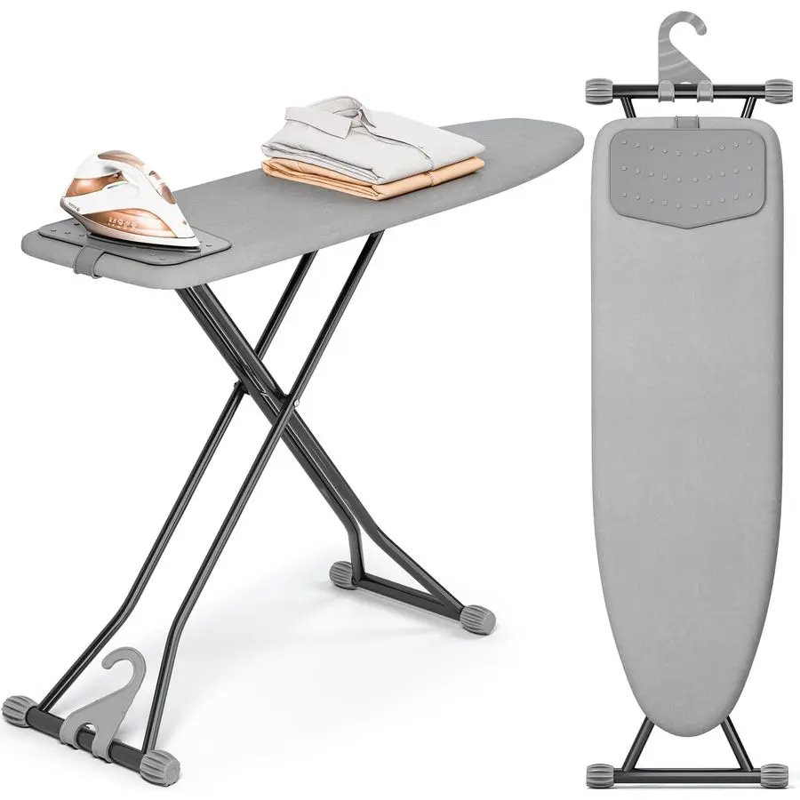 

Ironing Board, Compact Iron Board with Silicon Mat, Foldable Ironing Board with Heat Resistant Cover, 7 Height Adjustable, Space
