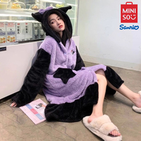 MINSO Senrio Kuromi Bathrobe Kawaii Winter Warm Coral Velvet Pajama Robe Cartoon Cute Purple Thicken Plush Loungewear With Hat