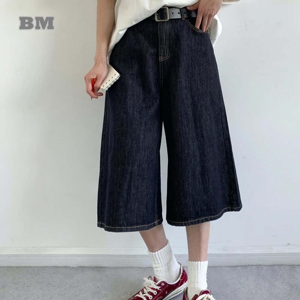 

American Vintage Denim Shorts Men Women Summer Raw Wide Leg Unisex Casual Streetwear 3/4 Length Relaxed Fit Jeans Harajuku