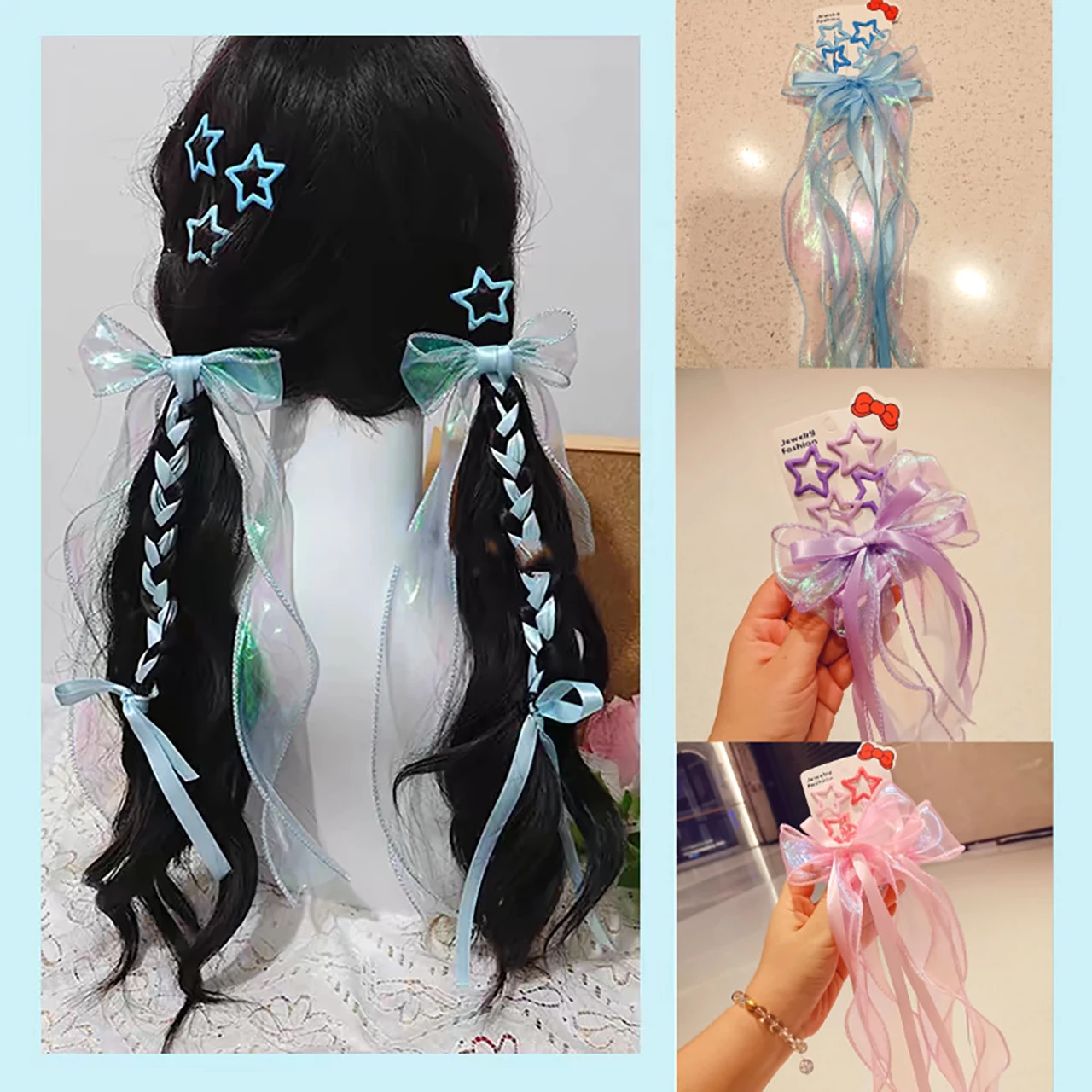 

Набор из 6 заколок для волос с лентами и бантиками для женщин, плетеные заколки-кисточки, модные заколки-звездочки для девочек, красочные праздничные украшения для волос