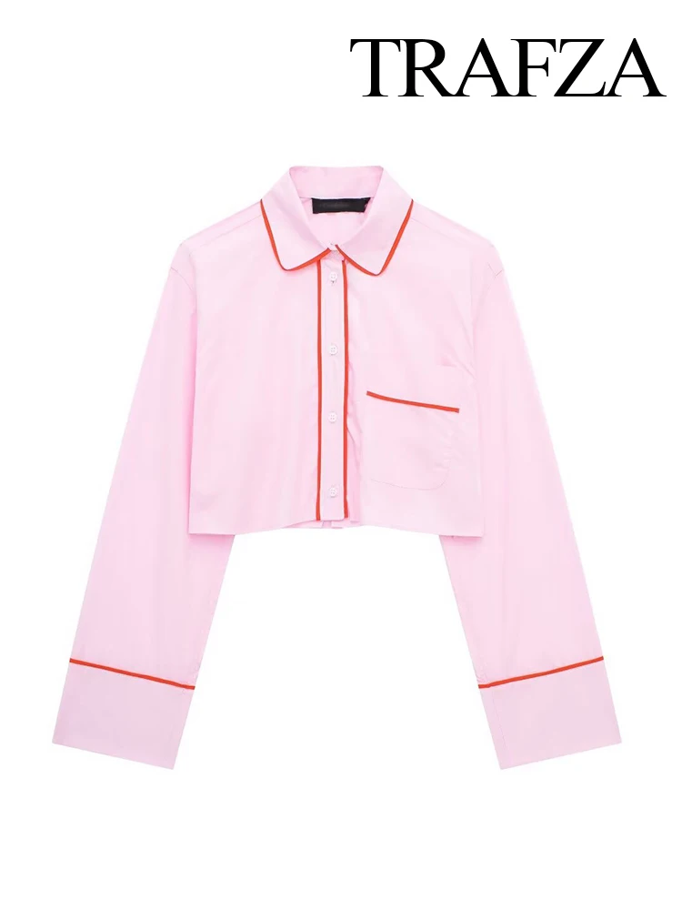 TRAFZA Female Chic Short Shirts Pink Turn-Down Collar Long Sleeves Pocket Single Breasted Woman Spring Fashion Causal Blouse