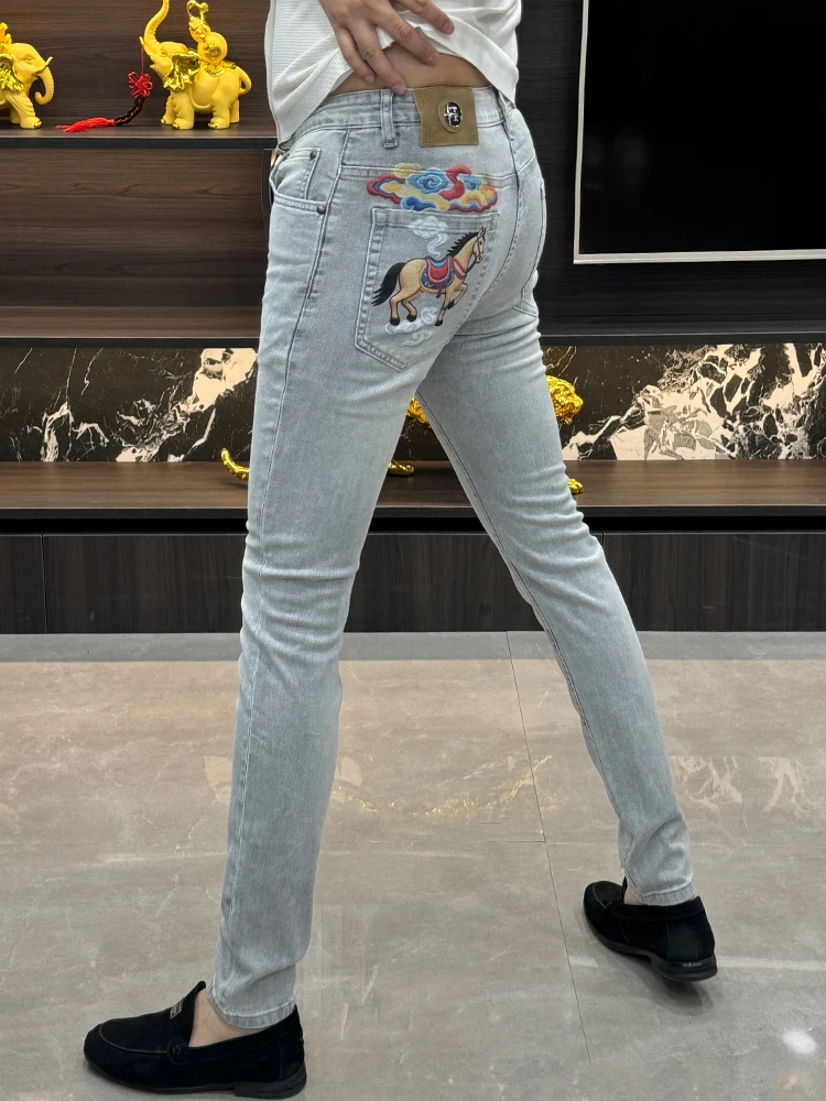 

Lightweight Men's Jeans Summer Fashion Slim Fit Elastic Ankle-Length Blue Pants Embroidered Casual Wear Resistant