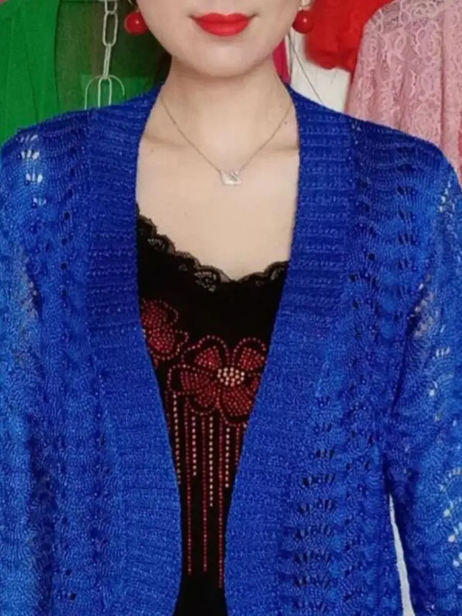 Kardigan z dzianiny lodowego jedwabiu dla kobiet w średnim wieku, rękaw 3/4, zdobiony, jednolity kolor, ażurowy...