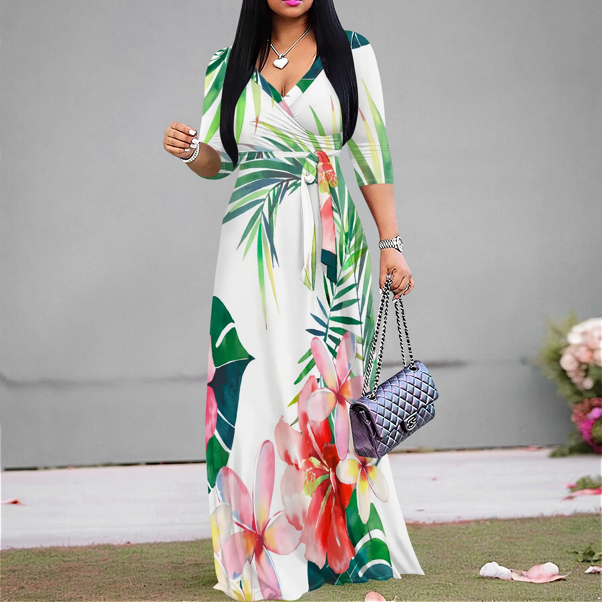 

Women's V Neck 3/4 Sleeve Maxi Dress S-3XL Tropical Island Floral Casual Long Gown