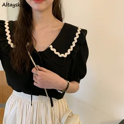 Panelled Puff Sleeve Shirts Women Korean Style Simple Fashion Summer Girlish Preppy Minority Chic Casual Young Peter Pan Collar