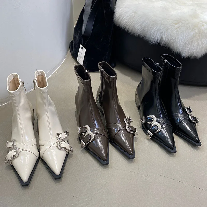 Female Fashion Pointed Toe Ladies Short Stretch Boots Shoes Footwear Designer Metal Buckle Women Ankle Boots With Low Heel Shoes