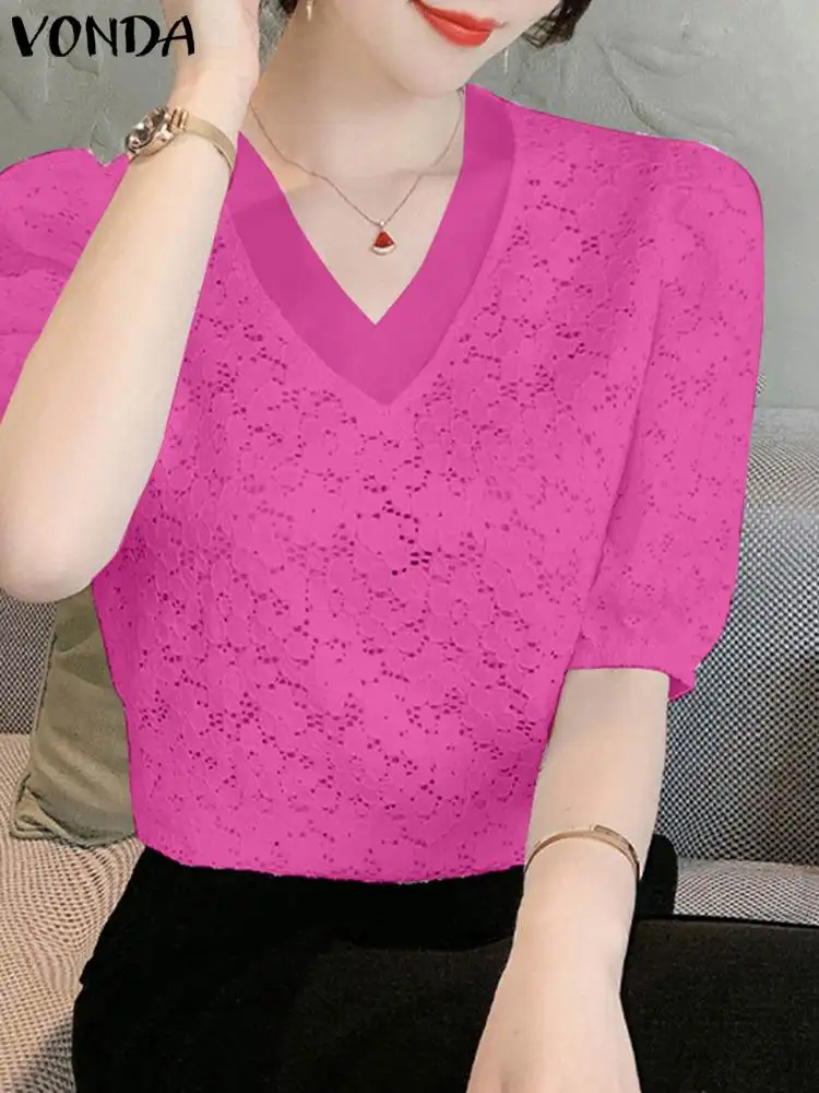 VONDA-Blusa holgada con cuello en V para mujer, camisa informal de encaje con manga corta abullonada, Color liso, 2023