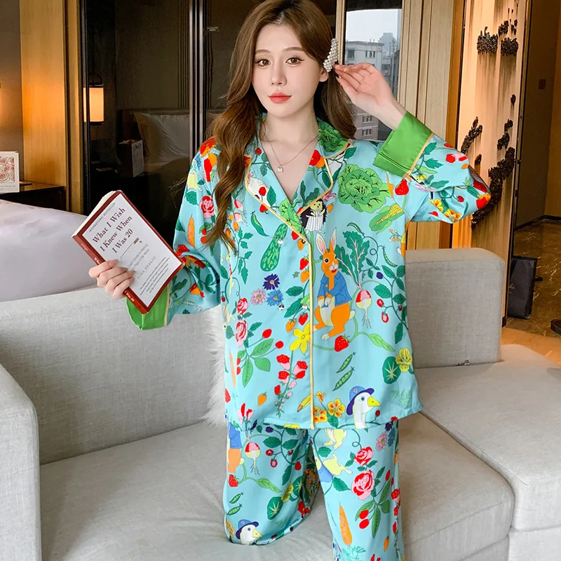 Satin Women\'s Pajamas Set Print Silk Like Homewear Long Sleeves Pants Sleepwear Elegant 2 Pcs Nightwear Female Leisure Home Suit