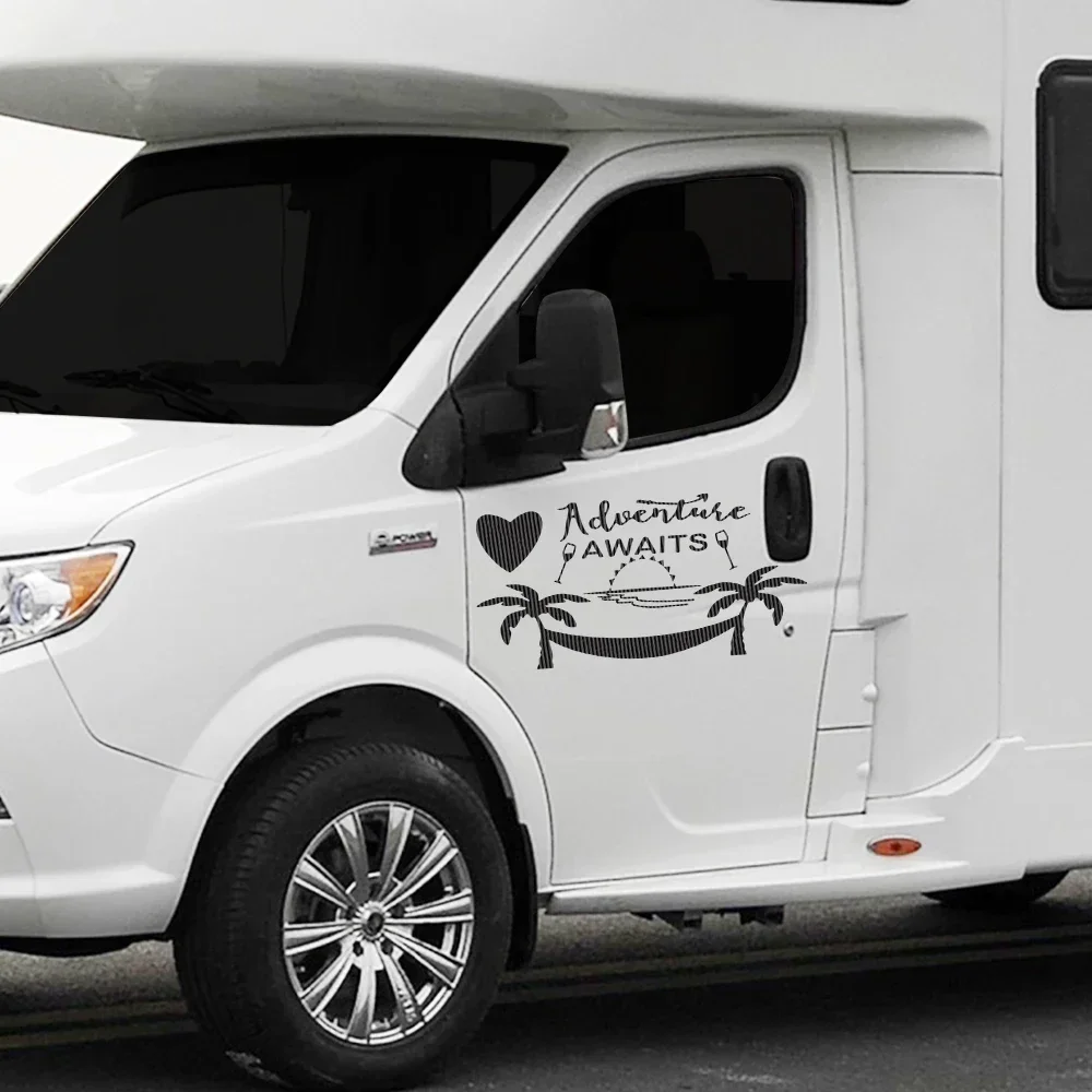 

Car Stickers Graphics Adventure Awaits Camping Decor Decal For Motorhome Horsebox Caravan RV Camper Van Panel MPV Cargo Minivan