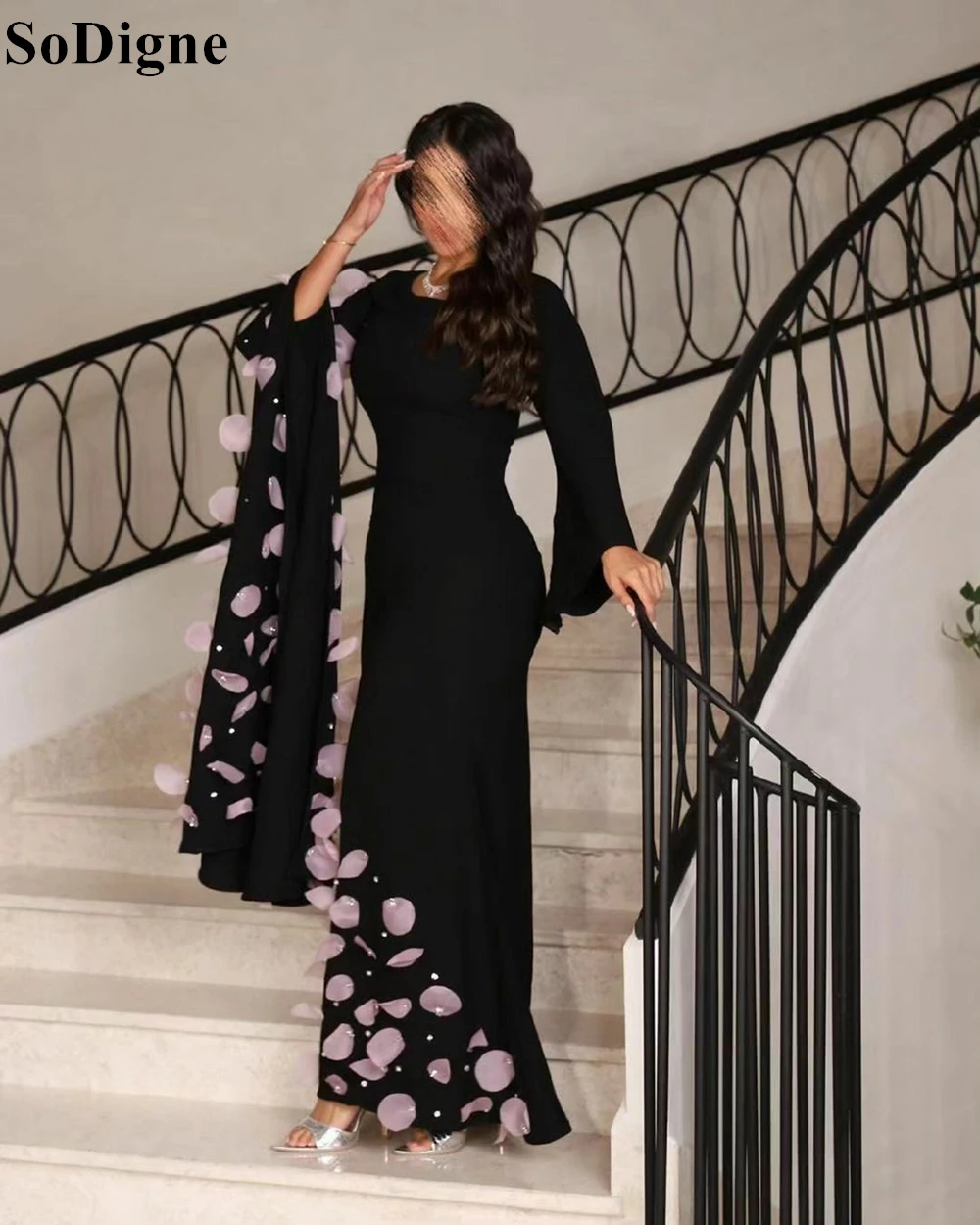 SoDigne Elegant Black Evening Dresses Long Sleeves Floral Appliques Mermaid Modest Party Dress 2024 Formal Occasion Prom Gowns