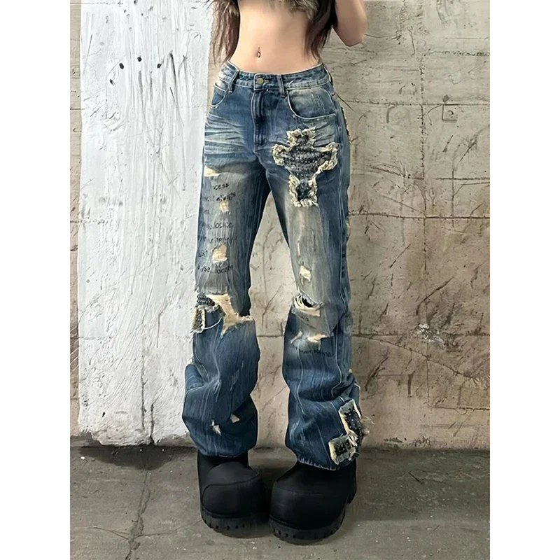 

Streetwear Punk Gothic Vintage Rivet Y2k Ripped Jeans Women Harajuku 2000s Trashy Denim Trousers Baggy Pants Emo Clothes