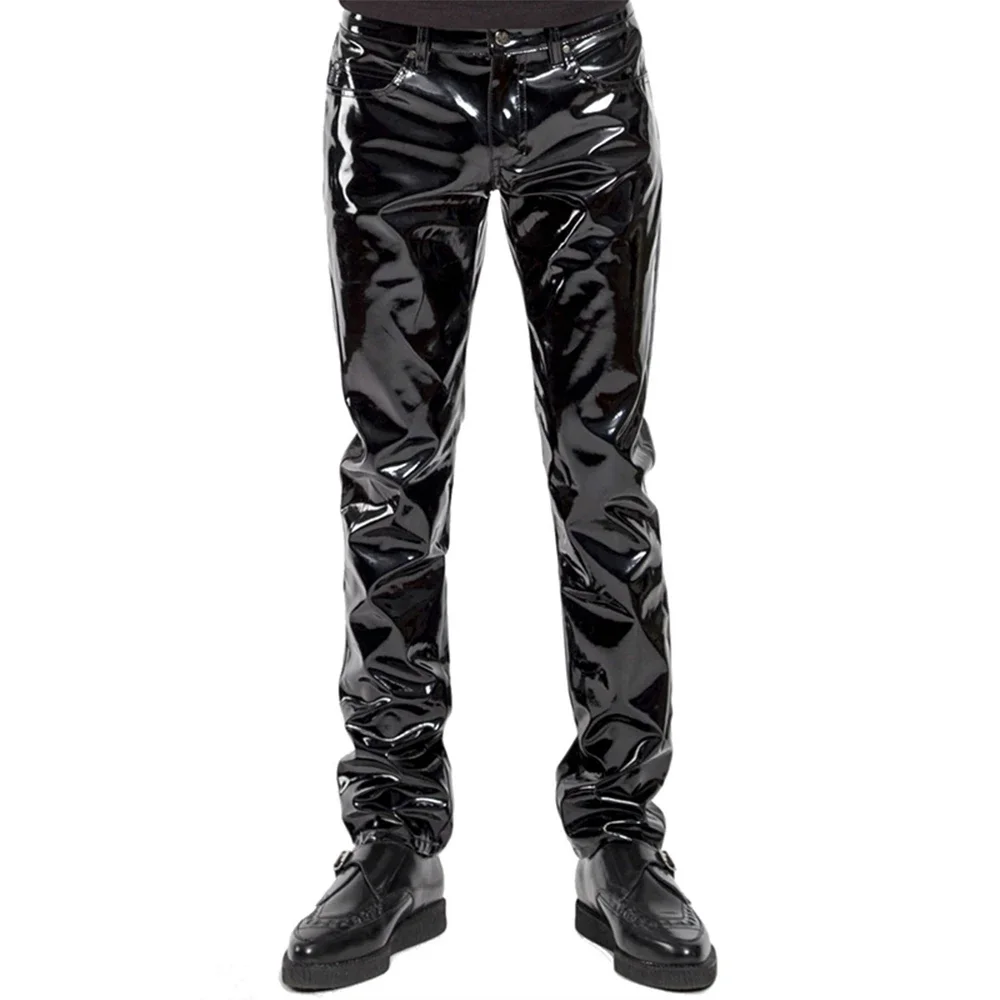 Men Faux Leather PVC Pants Trousers Long Shiny Club Dance Wear Punk Gothic Black Slim Fit Nightclub Party Pants Male Motorcycle