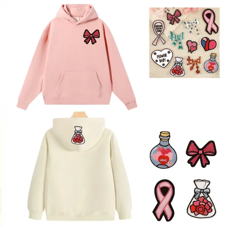 

Cute Pink Bow Iron on Patches Red Heart Sew on Embroidered Patches for Diy Clothes Hats Backpacks Jackets Accessories