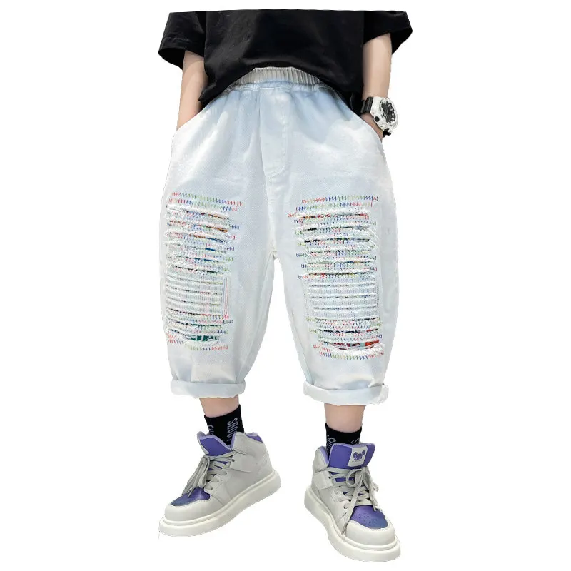 

Children Mid Pants Trousers for Boys Cotton New Arrivals Summer White Shorts with Ripped Teenage Kids Beach Casual Sport Shorts