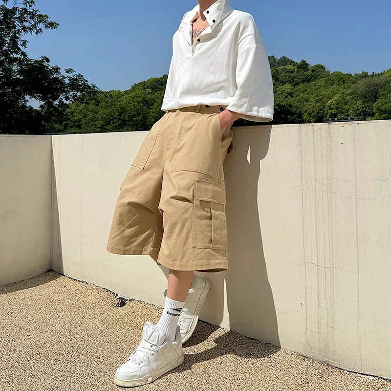 

Ретро-американские рабочие шорты цвета хаки для мужчин, большие размеры, из канваса, 8-секционные, прямые брюки, летние, повседневные, молодежные, стильные