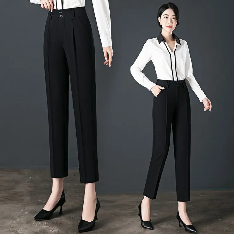 Office Lady Fashion Slim Pencil Pants Spring Autumn New Women High Waist Elastic Solid Pocket Straight Korean Casual Trousers