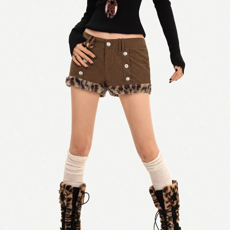 ヴィンテージデザインヒョウ柄ぬいぐるみスプライシングコーデュロイ女性のショーツ秋冬甘いクールローウエストストレートホットパンツレディース