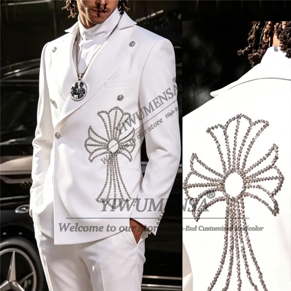 Unique Design Suit Men For Wedding Diamond Beaded Prom Blazer Pants 2 Piece Sets Groom Formal Wear Tuxedos Male Fashion Outfits