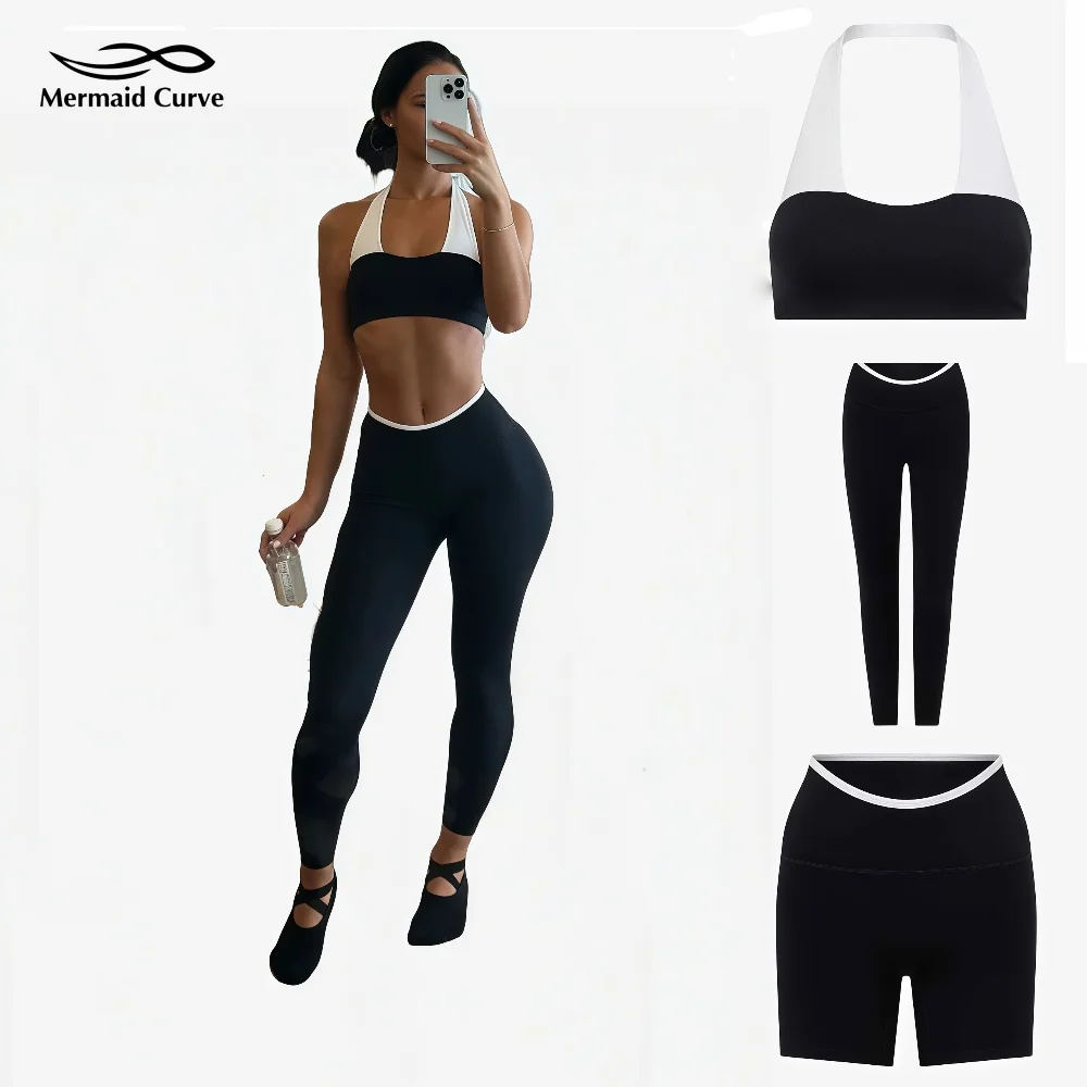 

Mermaid Curve Serenity June Crop Black and White Patchwork Deep V Sports Bra High Waist Leggings Yoga Fitness Women's Set
