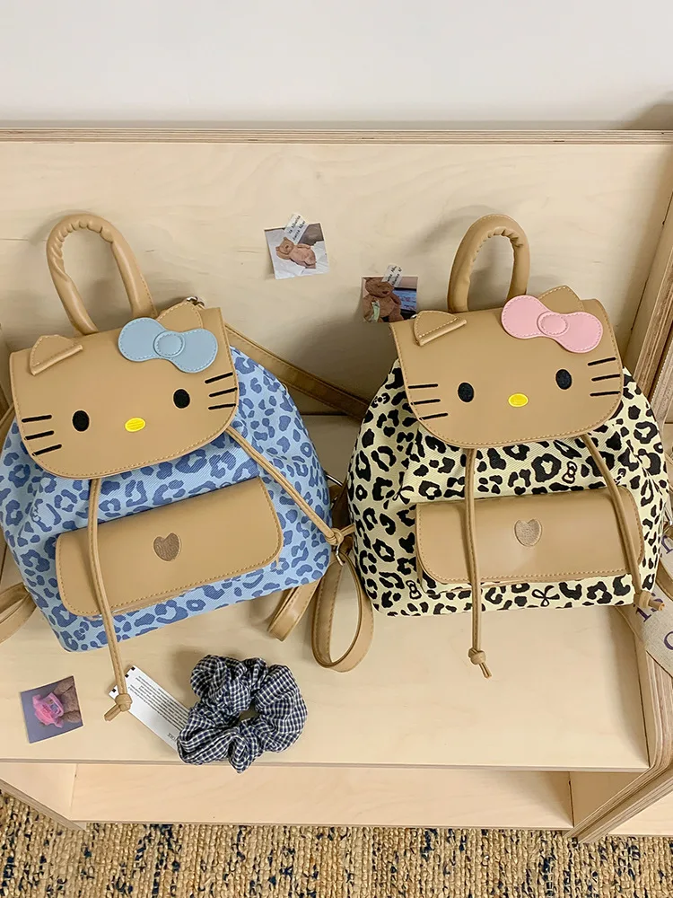 

Kawaii Sanrio Hello Kitty Retro Leopard Print Backpack 2025 New Style Travel Bag Korean-Style Girls' Bag Gift