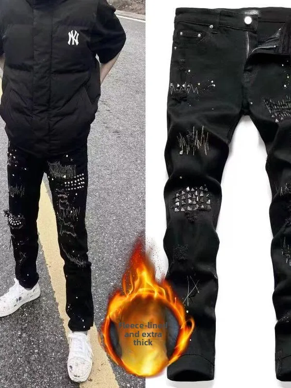 

Fce Lined Thiened Autumn Winter American High Street Distred Patchwork Rivet Metal Spray Elastic Men's Slim Jeans Lon...