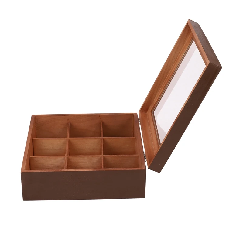 2X Wooden 9 Grids Tea Box Tea Bags Container Storage Box Square Gift Box Case Transparent Top Lid Jewelry Storage Box