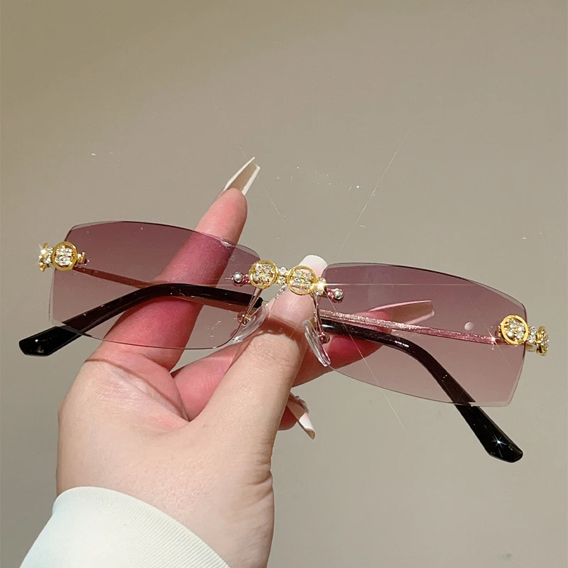 KAMMPT Rechteckige Sonnenbrille mit Strasssteinen für Damen, modisch, Vintage-Stil, Farbverlauf, Dekor, trendiges Markendesign, lässige Sonnenbrille