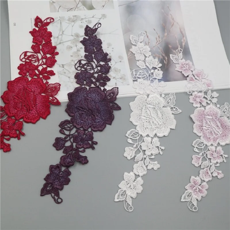 5Pcs/Lot 22*7CM Red Purple Pink Gradient Hollow Sewing Flower Motif Venise Lace Applique for Garment Embroidery Lace Patches