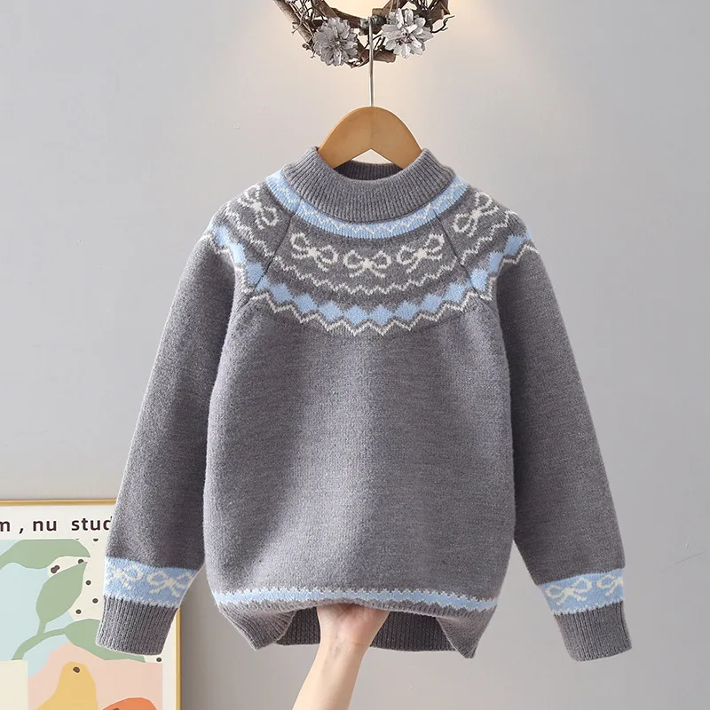 Teenager Girls' Crew Neck Gradient Textured Sweater Knitted Base Layer Top Older Girl Kids Fleece-Lined Thickened Winter Sweater