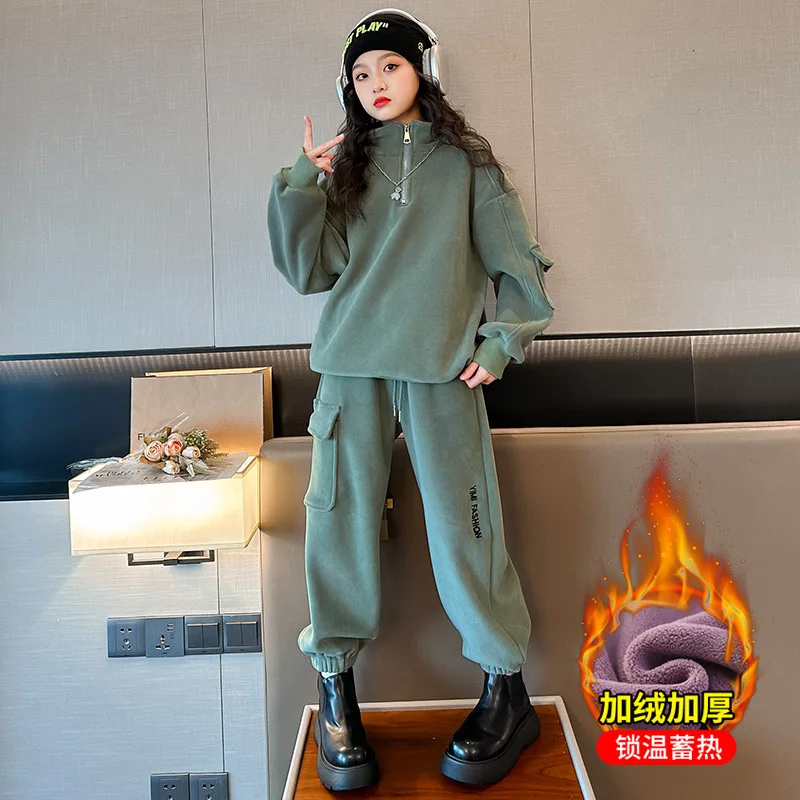 Polar Fleece Girls clothes Set Autumn Winter Thick Warm Teenage Kids Tracksuit Casual Sweatshirt Sweatpants 2 Pcs Kids Clothes