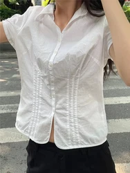 Sweet White Slim Short Sleeve T-shirts Women Fashion Cute Single-breasted Cotton T Shirts Summer Vintage Solid Y2k Tops 2022