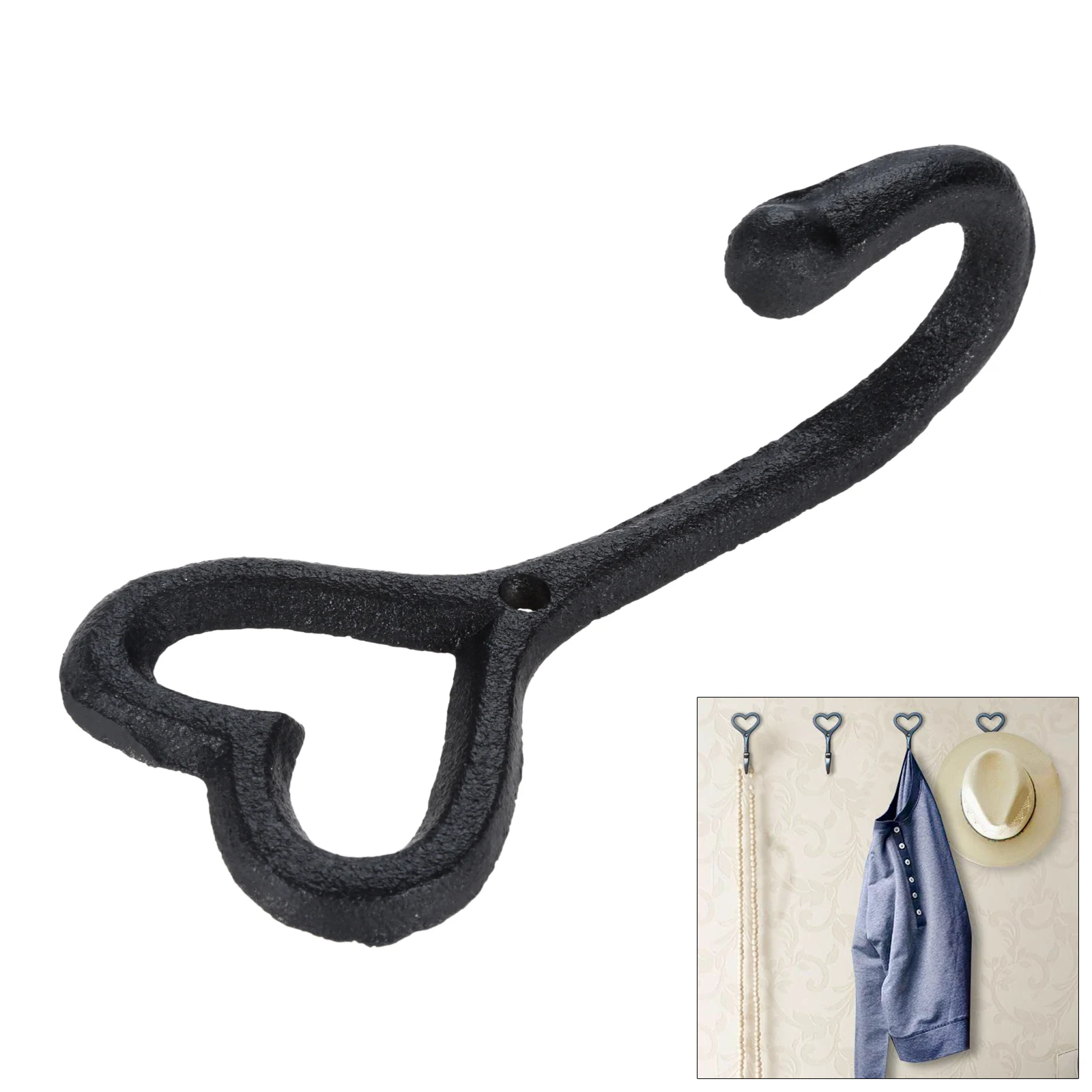 5pcs/lot Heart Shape Hook Cast Iron Hanger Wall Mounted Black Loveheart Hanging Cat/Key/Coat/Towel Bathroom Kitchen Home Decor