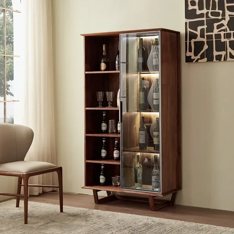 Black Walnut Double Door Solid Wood Wine Cabinet Lamp with Glass Storage Storage Display Cabinet