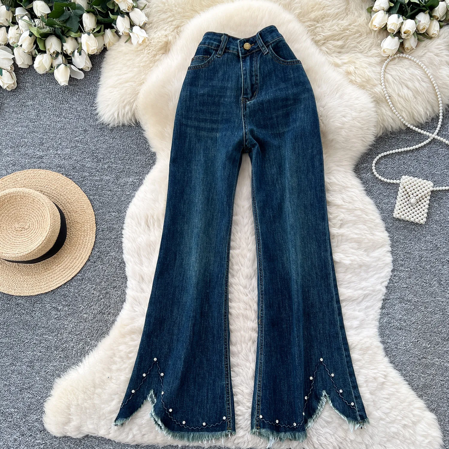 Fashion High Waist Denim Micro Flared Pants Jeans Women 2026 Loose Slimming Design Sense Slit Fringe Women Jeans Long Pants