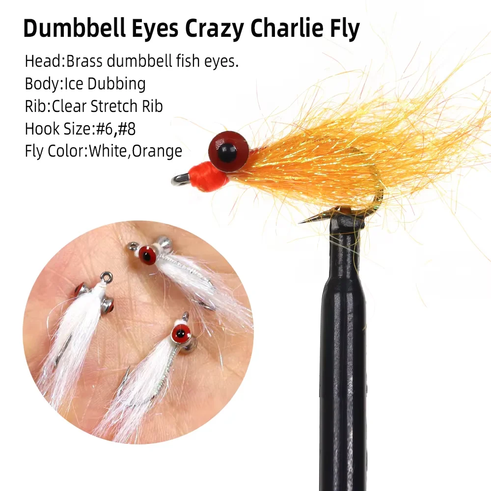 4pcs #6 #8 Dumbbell Eyes Crazy Charlie Saltwater Fly Fishing Lures Streamer White Orange Minnow Baitfish Trout Bonefish Fishing