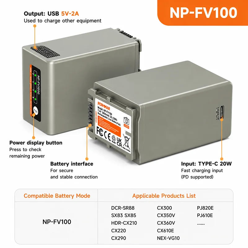 NP-FV100 NP-FV100D 3800mAh Battery  for Sony HDR-CX220 CX240E CX290 PJ50E PJ60E NEX-VG10 Camcorder Battery with USB Output