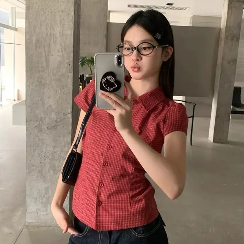 

Deeptown Red Vintage Plaid Shirts Women Elegant Short Sleeve Lace Up Slim Blouses Korean Fashion Classic Casual Office Lady