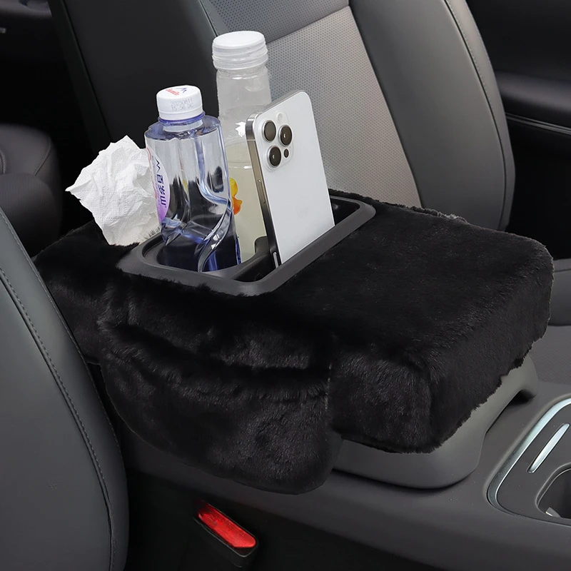 وسادة مسند ذراع لوحدة التحكم المركزية للسيارة من القطيفة مع حامل أكواب 4 في 1 شتاء دافئ مسند ذراع تلقائي يدعم اليد صندوق مناديل ارتفاع وسادة