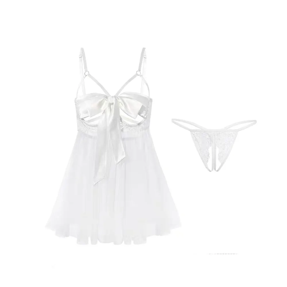 

Fashion Bowknot Lace Nightgown Transparent Women Lingerie Camisole Nightwear Hollow Sweet Mesh Nightdress Home