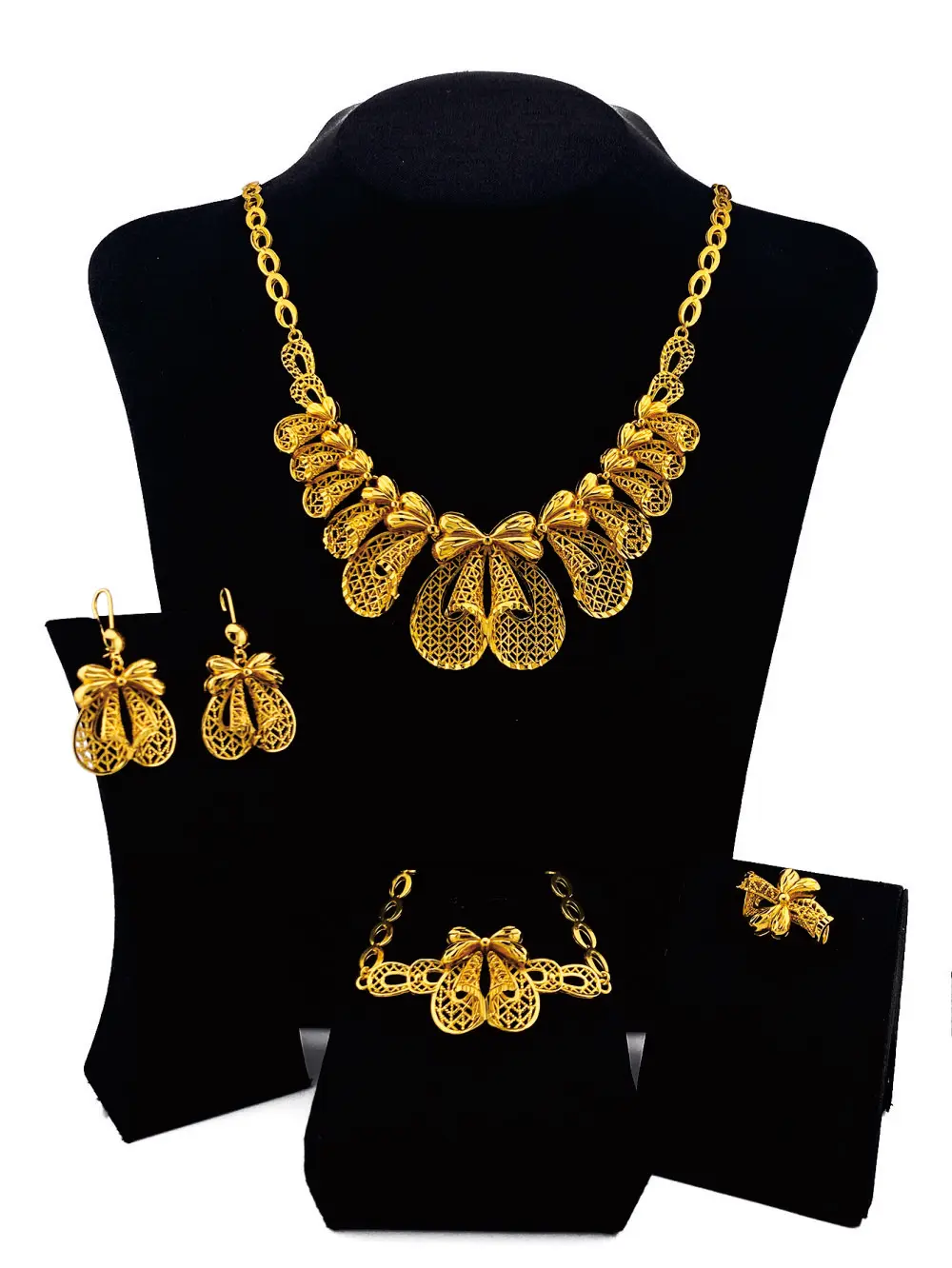 KDE Gold Plated African Necklace Bracelet Earrings Ring Dubai Indian Bridal Women's Jewelry Set