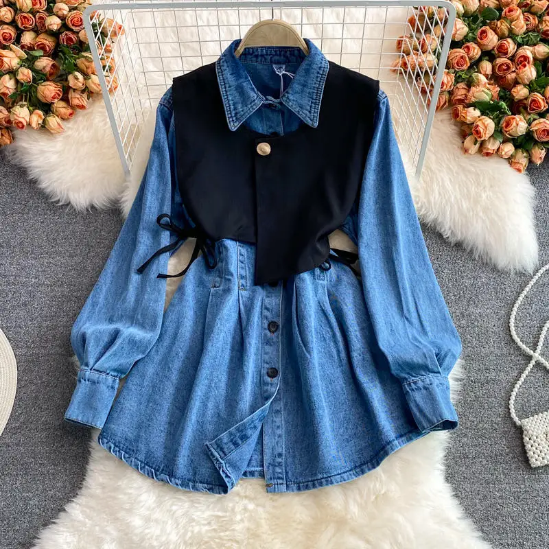 2024 Autumn Blue Denim Dresses 2 Pcs Set Vintage Turn Down Collar Long Sleeve Shirt Dress+Black Vest Lady Commuter Suit