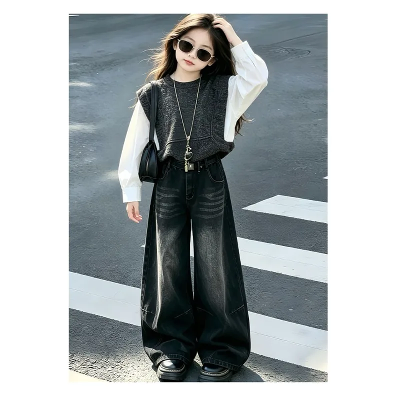 Girls' Autumn Clothes 2026 New Style Children's Western-style Top, Medium and Large Children's Denim Wide Leg Pants