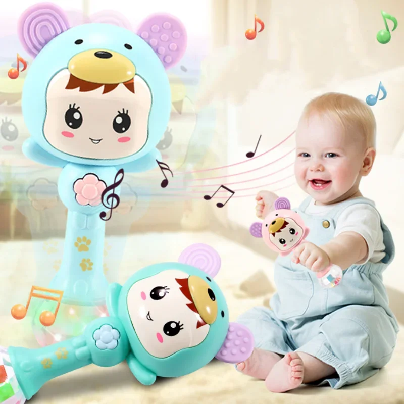 

Baby hand grip rattle with music light rhythm sticks soothing teething sand hammer toys for newborn children bear Molar teether