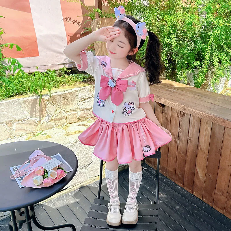 Kawaii Hello Kittys Girls Jk Skirt Suit Summer Kids Preppy Short Sleeve Pleated Skirt Two Piece Set Fashion Princess Style Skirt