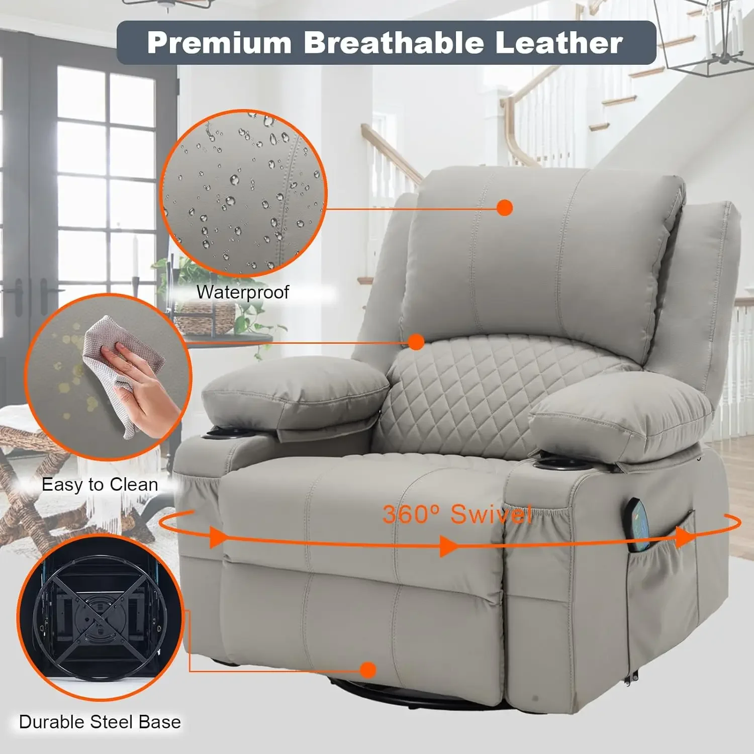 [متجر هيلونج] كراسي هزازة للتدليك مع كراسي يدوية مريحة من الجلد الصناعي الحراري مع حاملات أكواب، G