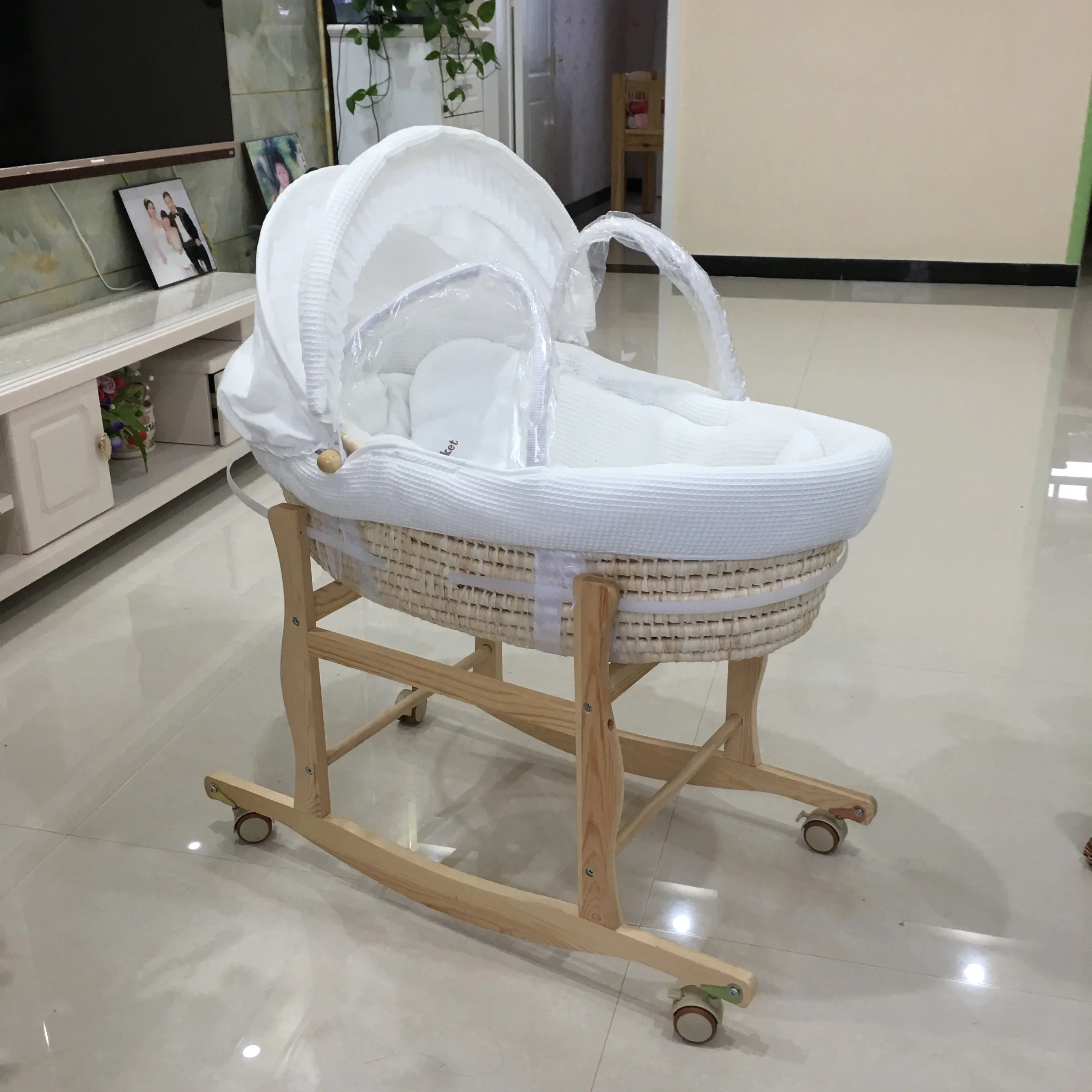 Cesta portátil do sono do bebê, carro que transporta, mão recém-nascida, palha tecida, cama do berço